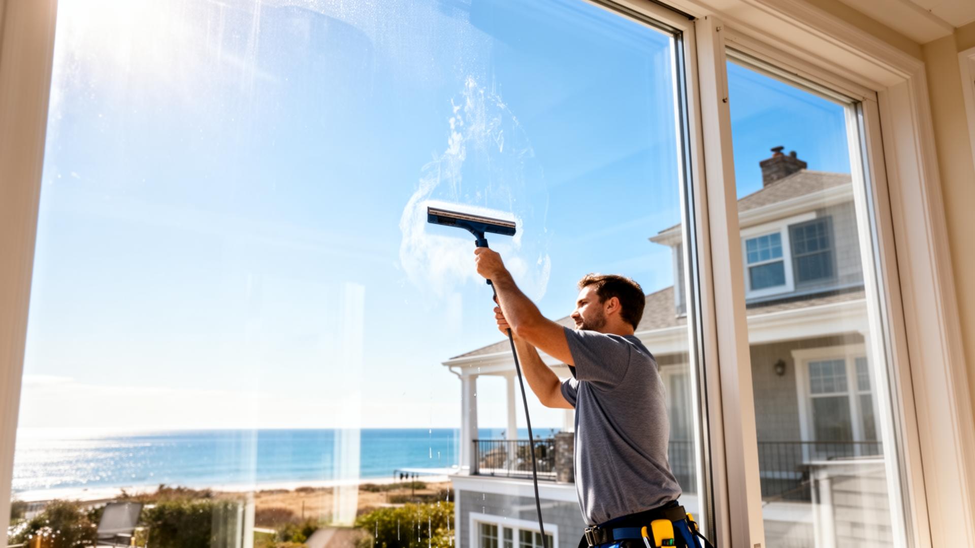 Window cleaner squeegeeing a sunlit window on a Hamptons home